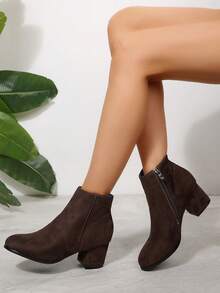 粗跟、圆头、踝靴、侧拉链、高跟、简约时尚、百搭女士高跟靴，冬季 - 咖啡棕 - 查看 3