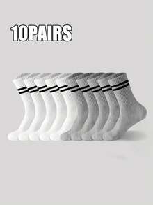 3/5/10 Pairs Of Striped Mid-Calf Socks, Crew Socks, Comfortable And Breathable, Men's And Women's Long Socks, White Socks, Suitable For Daily, Sports, Fall Socks - Multicolor - View 15