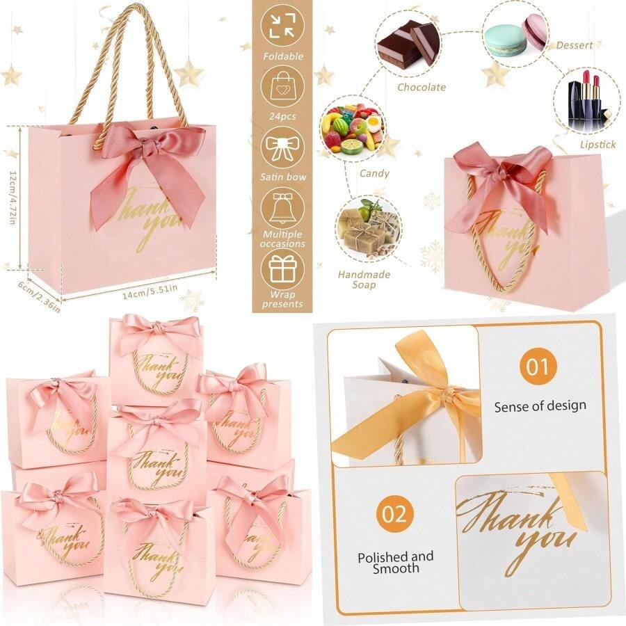 30Pcs Party Favor Bags Gift Bag Kraft Paper Party Gift Bag With Ribbon Handle Thank You Gift Bag For Wedding Birthday Party Supplies And Gifts Bag New Year Gift Gift Bag Pink - Pink - View 1