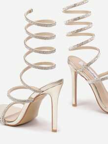 Heeled Sandals With A Calf Strap And Cubic Zirconia - Gold - View 6