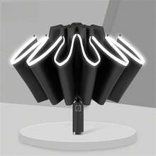 1pc Fully Automatic Compact Travel Umbrella, Reverse Design Inverted Not Get Wet Car Umbrella, With Auto Open/Close Handle And UV Protection, Reflective Strip Design For Night, Strong Windproof And Waterproof Automatic Umbrella