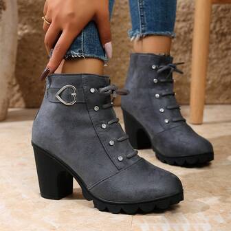 Botas de tobillo elegantes para mujer con decoración de strass, tacón grueso, cordones delanteros y cremallera trasera