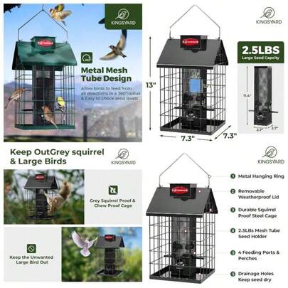 Squirrel Proof Bird Feeder Outdoor Hanging - Weatherproof Metal Mesh Tube Feeder With 4 Ports, 2.5 Lbs Capacity Finches, Bluebird, Chickadees More, Gr