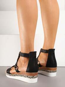 Sandalias de cuña baja con Top decorativa - Negro - Ver 4