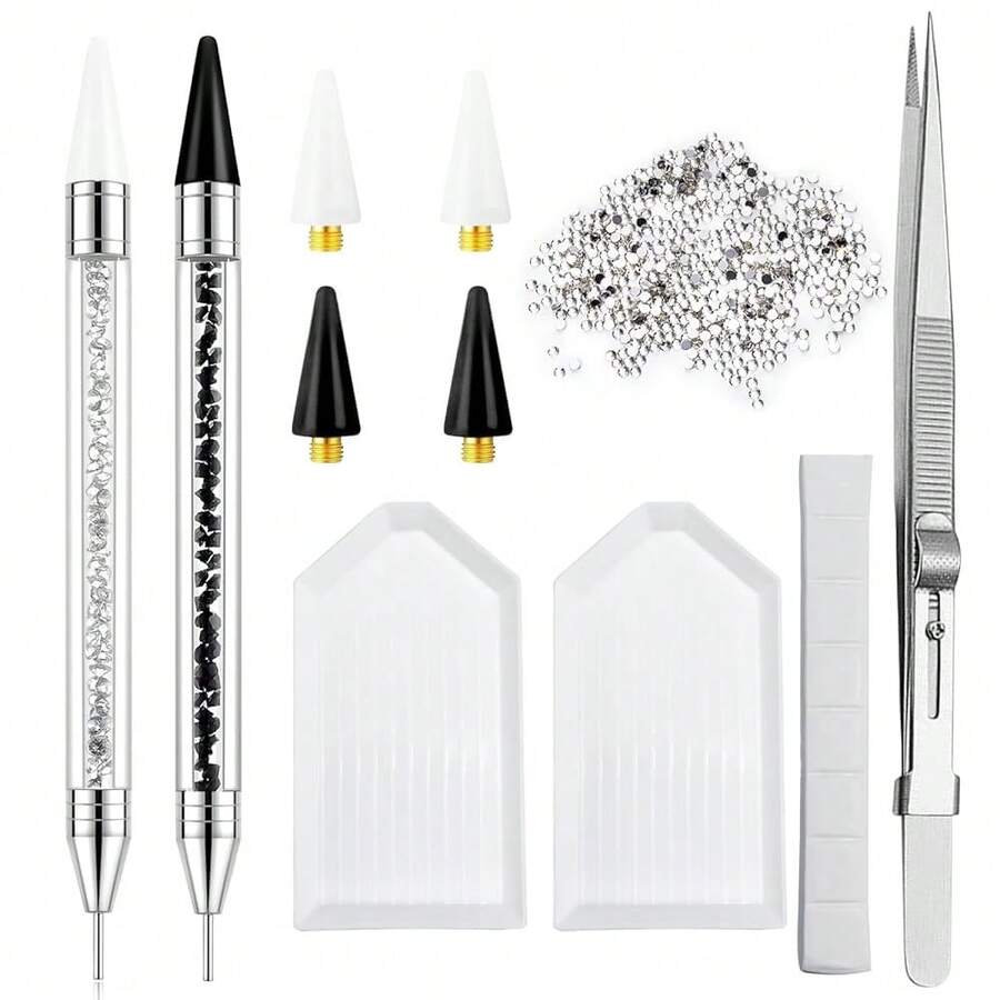 Rhinestone Picker Tool - 2pcs Dual-Head Bedazzling Pen With 4 Wax Tips, 8pcs Clay, Adjustable Precision Tweezers, 1400pcs Rhinestones And 2pcs Organizer Tray Kit For Nail Art{"Color_name":"Black"} - 黑色 - 查看 1