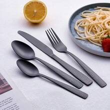 Matte Black 24 Pcs Silverware Flatware Set Of 6 Stainless Steel Hammered Tableware Cutlery Set Includes Fork Spoon Knife For Home Kitchens Dishwasher