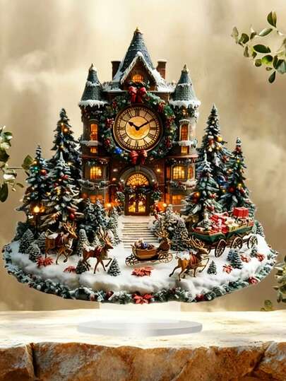 1 placa plana de acrílico 2D, design de igreja natalina em estilo boêmio, tema de guirlanda, decoração de mesa multiuso, decoração para casa e escritório, presente perfeito para cafeteria, feliz Natal