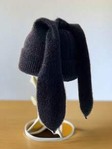 قبعة محبوكة بلون واحد للنساء، بوهيمي عصري أنيق لحفلات الشارع الموضة الخريفية/الشتوية دافئة وسميكة بأذن أرنب جذابة، مناسبة للاستخدام الخارجي