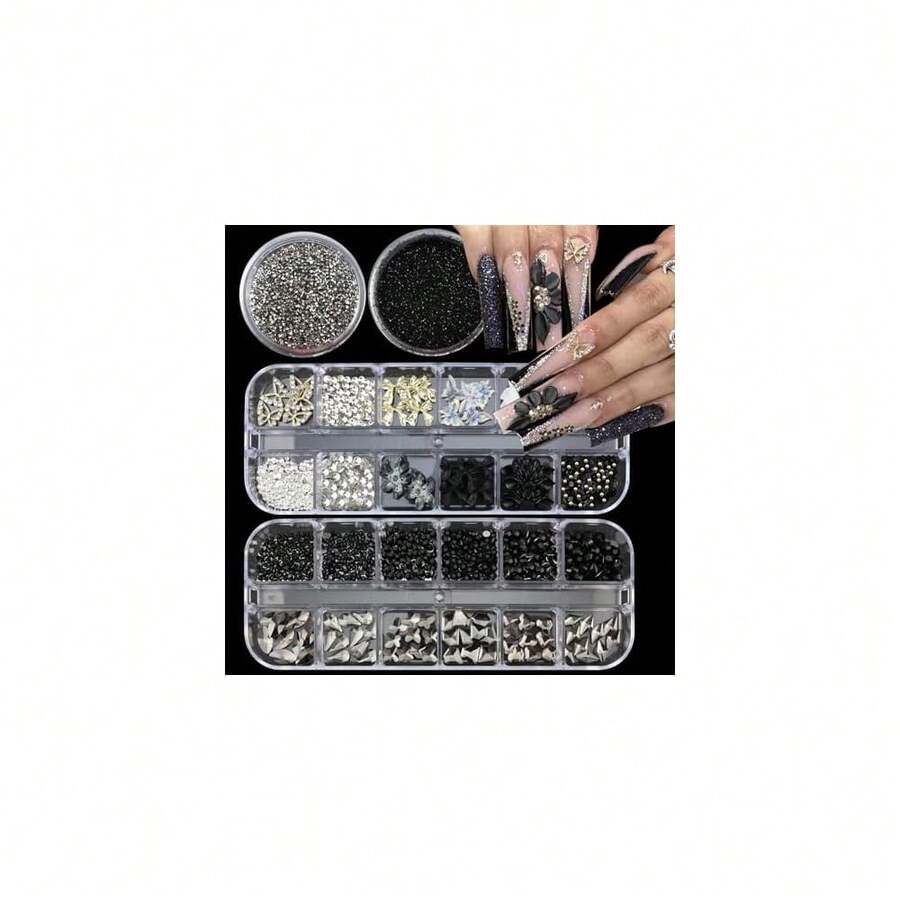 4 Boxes Dark Nail Gems Bow Flower Nail Charms For Acrylics - Irregular Crystals, Nails Rhinestone & Accessories For Women Nails Art Design Nails Decor(Dark){"Color_name":"Colorful-23"} - 彩色-23 - 查看 1