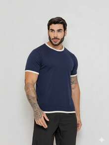 Men's Rib Knit Short Sleeve T-Shirt Round Neck High Stretch Regular Fit Tee - Navy Blue - View 2