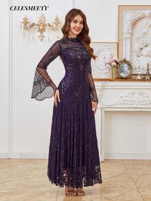 Royal Purple Sequin Beaded Embroidered Dress For Women, Rose Pattern Lace Hem, Long Sleeve Dress - Purple - View 5