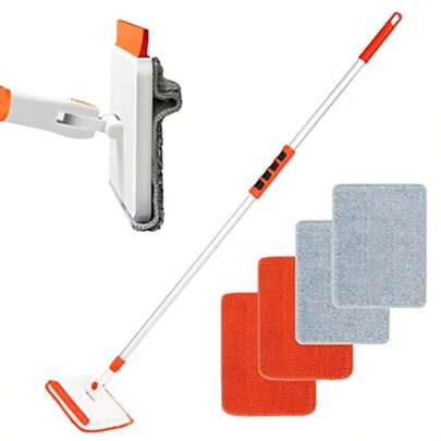 Qaestfy Wall And Baseboard Cleaner Mop Tool With 49'' Long Handle For Cleaning Window Floor Skirting Board Ceiling Bathtub Tub Tile Scrubber Brush Duster With 4 Reusable Pads