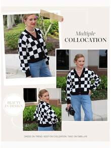 Women's Checkered Button Down Long Sleeve Knit Cropped Cardigan Sweater Tops, Style - 杏 - 查看 9
