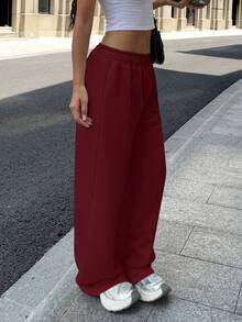 Pantalones de chándal sueltos y casuales de unicolor con cintura elástica - Burdeos - Ver 8