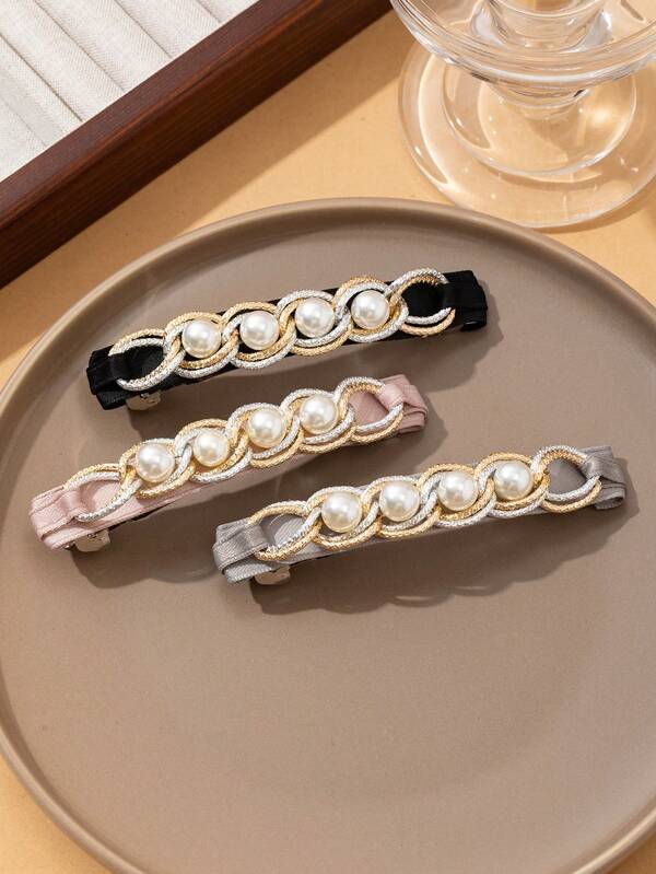 1pc Elegant Multi-Color Faux Metal Chain Decor Pearl Satin Hair Clip, Suitable For Daily Wear, Holidays, Dates, Gifts, Claw Clips