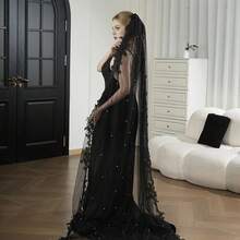 1 pieza Velo largo con adorno de encaje estilo gótico vintage y perlas falsas, adecuado para disfraz de Halloween, sesión de fotos