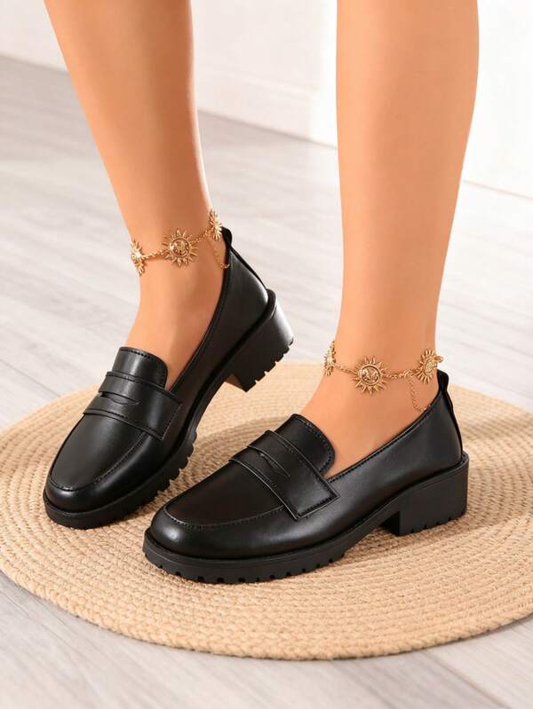 1 par de mocasines lisos para mujer, suela gruesa antideslizante cómoda de estilo bohemio y preppy, zapatos planos minimalistas versátiles y casuales para estudiantes, oficina, vacaciones, todas las estaciones