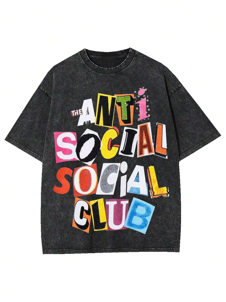 230g Double-Sided Washed Anti-Social Club Washed T-Shirts Printed T-Shirts, High-Quality Batik Cotton Vintage Fashion Brand T-Shirts, Men's And Women's T-Shirts, Recent Explosions, Summer T-Shirts, Holiday Gifts, Perfect. - màu đen - Xem 1