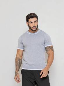 Men's Rib Knit Short Sleeve T-Shirt Basic Chic Duocolor Links Crew Neck Premium Quality Spring Summer 26 Men's Rib Knit Short Sleeve T-Shirt Round Neck High Stretch Regular Fit Tee - 銀色 - 查看 5