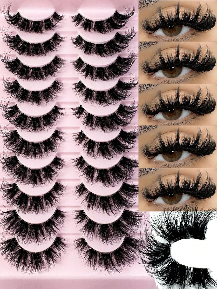 10Pairs 5D Fluffy Cat Eye Wispy False Eyelashes Natural Long Lashes Transparent Band Faux Mink Lashes Thick Soft Curly Lashes Strip Lashes, Lashes, Eyelashes, Fake Lashes Reusable, Soft, Lightweight, Faux Mink Strip Lashes - 黑色 - 查看 1