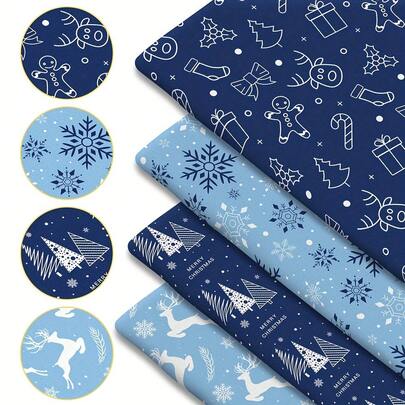1pc Blue Christmas Quilting Fabric - 59 X 19.68 Inches (150 X 50 Cm) Pre-Cut Polyester Fabric With Santa Claus, Reindeer, Snowflake, Christmas Tree Patterns - Suitable For DIY Sewing, Scrapbooking, Tablecloths And Crafts