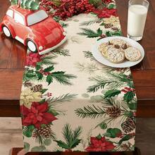 1 Set Leinen Weihnachts-Tischläufer, entworfen mit einem Poinsettia-Muster mit Tannenzweigen, Stechpalme und Beeren als Verzierungen, strapazierfähige Polyester rechteckige Tischdecke, Weihnachtsdekoration geeignet für ländliche Feiertags-Dekoration