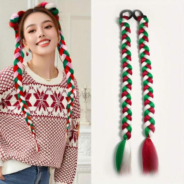 2 Pieces Of Christmas Ponytail Hair Accessories, Hand-Knitted Hair Accessories In Three Colors - Suitable For Women's Festive Style Hair Accessories, Very Suitable For Wigs And Styling, Festive Hair Accessories | Festive Hair Caps | Hand Braids, Christmas Hair Accessories, Braids, Parties, Music Festivals, Festive Photoshoots, Balls, Performances