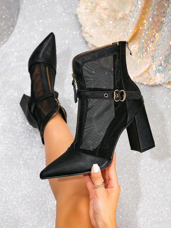 2025 Spring/Autumn Women's Pointed Toe Boots, Comfortable Breathable Mesh Back Zipper Mid-Heel Short Boots, Thin Chunky Heel Casual Fashion Ankle Boots