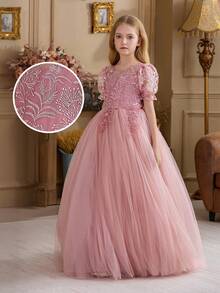 少女粉色蕾丝边深V露背网纱毕业优雅公主裙，适合女孩穿着，可用于生日派对、婚礼、花童、伴娘、特殊场合和庆典。 - 粉色 - 查看 11