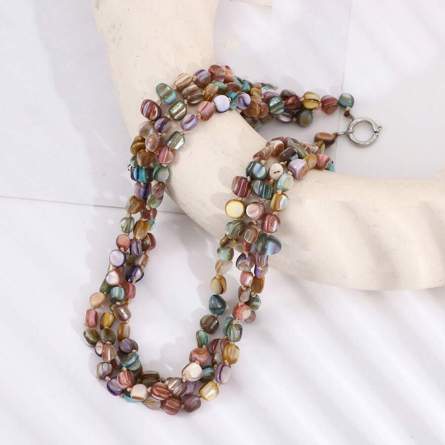 Dây chuyền phong cách bãi biển Bohemian, dây chuyền dài đính hạt vỏ sò nhiều màu sắc dành cho nữ - Có màu (ba lớp) - Xem 1