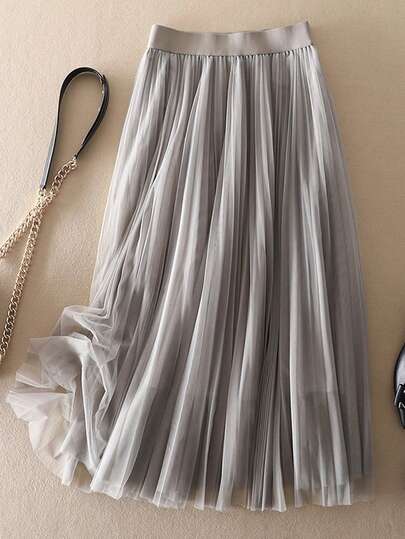 LuminousWealth Women's Elegant Pleated Mesh A-Line Skirt, Suitable For Casual Or Office Wear, Minimalist & Graceful | Polyester Mesh Skirt, Suitable For All Seasons, Great For New Year, Parties