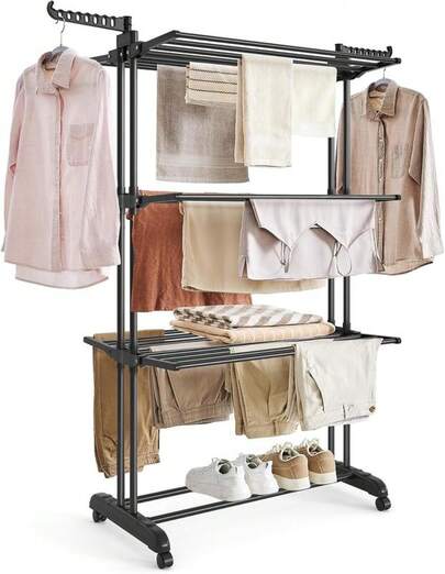 SONGMICS Tendedero de Ropa Plegable de 4 Niveles con Ruedas, Alas Abatibles, Gran Capacidad, Resistente y Fácil de Montar, para Interior y Exterior