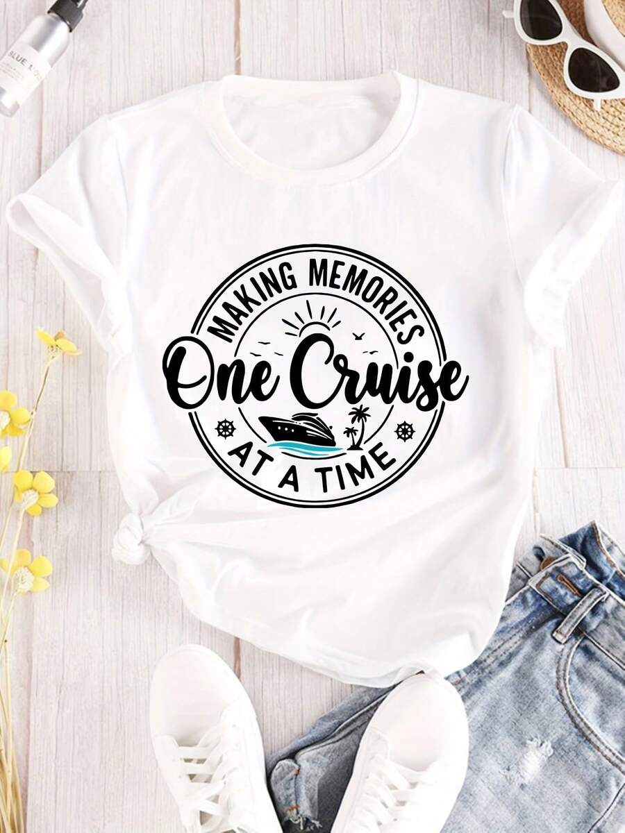 Camiseta de Talla, Oversized con Letras de One Cruise - Camiseta Casual de Cuello Redondo de Talla Adecuada para Atuendos de Crucero y Ropa Casual, Top Cómodo Lavable aáquina con Estampado de One Cruise - Blanco - Ver 1