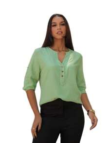 Women's Formal Shirt With 3/4 Sleeves - Aqua Green - View 1