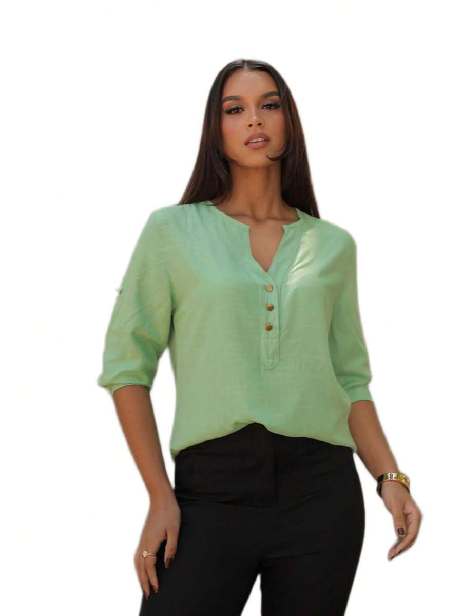 Women's Formal Shirt With 3/4 Sleeves - Aqua Green - View 1