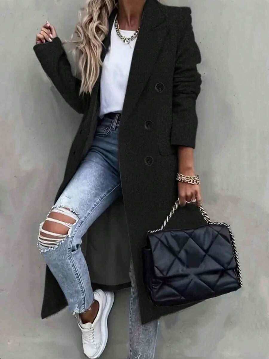 新款女士双排扣极简风衣，休闲长袖外套，黑色春季女装 - 黑色 - 查看 1