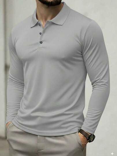 Men's Long Sleeve Polo Shirt, Casual Business Solid Color Slim Fit Collar Top, Autumn/Winter Basic Tee