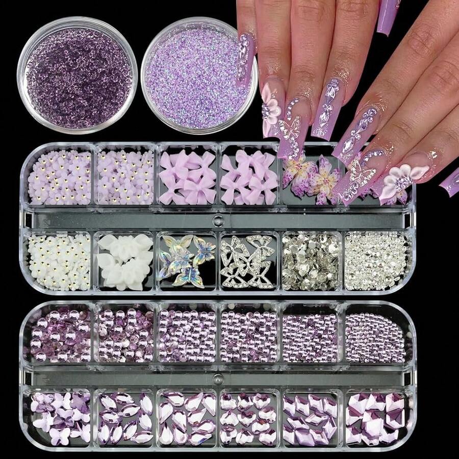 4 Boxes Purple Nail Gems Bow Flower Nail Charms For Acrylics - Irregular Crystals, Nails Rhinestone & Accessories For Women Nails Art Design Nails Decor(Purple){"Color_name":"Colorful-22"} - 彩色-22 - 查看 1