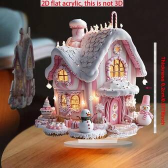 Casa de hielo rosa encantadora en 2D, decoración de invierno con muñeco de nieve, placa decorativa y figura, decoración navideña para el hogar