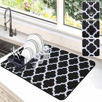 Dish Drying Mat For Kitchen Counter, 12"X19" Dish Drying Pad With Non-Slip Rubber Backed,  Stain Anti Absorbent For Kitchen Counter, Drying Mat For Coffee Machine Dish Rack (Black)