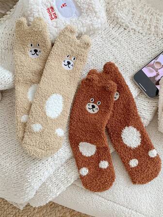 1Pair Women Cozy Plain Solid Color Warmly Soft Fuzzy With Circle Design On Top Bear Embroidery Comfort Fluffy Anklet Crew Long Socks