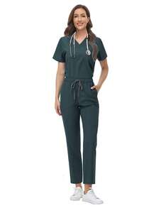 女士透气柔软短袖上衣直筒裤套装，适用于美容美甲师、护士等春季穿着，适合美容院、美甲师等工作场合。 - 橄欖綠 - 查看 7