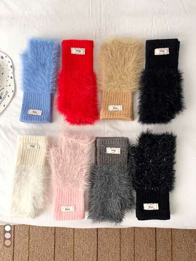 Fluffy Cute Half Finger Gloves For Women, Warm Lining, Touchscreen Capable, Windproof, Suitable For Cycling, New Design Half Finger Fluffy Gloves For Women In Winter, Warm Touchscreen Capable Cute Student Gloves, Solid Color Faux Mink Fur Fluffy Gloves For Women, Thick & Fashionable Touchscreen Capable Long Fingerless Gloves For Autumn/Winter