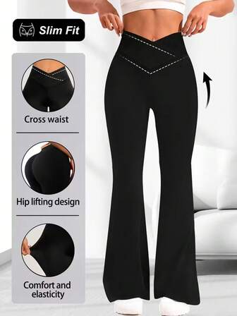 1 pieza Pantalones acampanados de cintura alta para mujer, diseño de cintura elástica cruzada, pantalones casuales largos versátiles de corte slim con pierna ancha, tela de poliéster elástica, lavable a máquina, resalta las curvas, mallas ajustadas de yoga/fitness, pantalones de cintura alta con sensación de desnudez y control de barriga - Tela suave