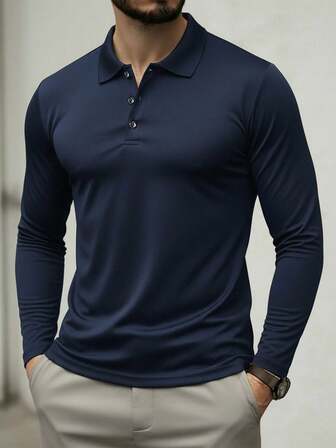 Camisa polo de manga larga para hombre, camisa casual de negocios de unicolor y ajuste slim, camiseta básica de otoño/invierno