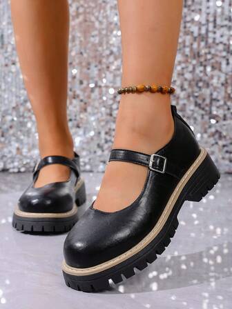 Mocasines básicos de mujer de unicolor con puntera redonda, suela gruesa, hebilla y correa, apropiados para interiores y exteriores, para todas las estaciones