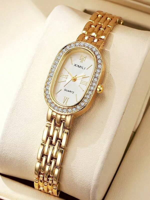 1pc Rhinestone Embellished Fashionable Elegant Design Casual Oval Dial Quartz Watch, Suitable For Teenagers And Students, Halloween Gift, Birthday Gift