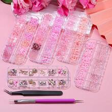 5 Boxes 3D Nail Charms Set,24Pcs Y2k Alloy Nail Art Rhinestone Charms 3D Bow Flower Crown Heart Star With Tweezers And Dual-End Brush For Manicure Salon DIY Crafts,Face Makeup Gems Jewels (Pink){"Color_name":"Pink"} - Hồng - Xem 10