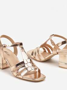 Metallic Strappy Heeled Sandals Women Summer Evening/Party - Champagne - View 6
