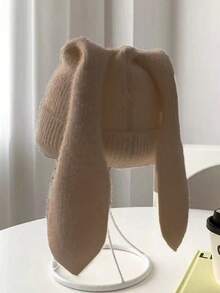 قبعة محبوكة بلون واحد للنساء، بوهيمي عصري أنيق لحفلات الشارع الموضة الخريفية/الشتوية دافئة وسميكة بأذن أرنب جذابة، مناسبة للاستخدام الخارجي